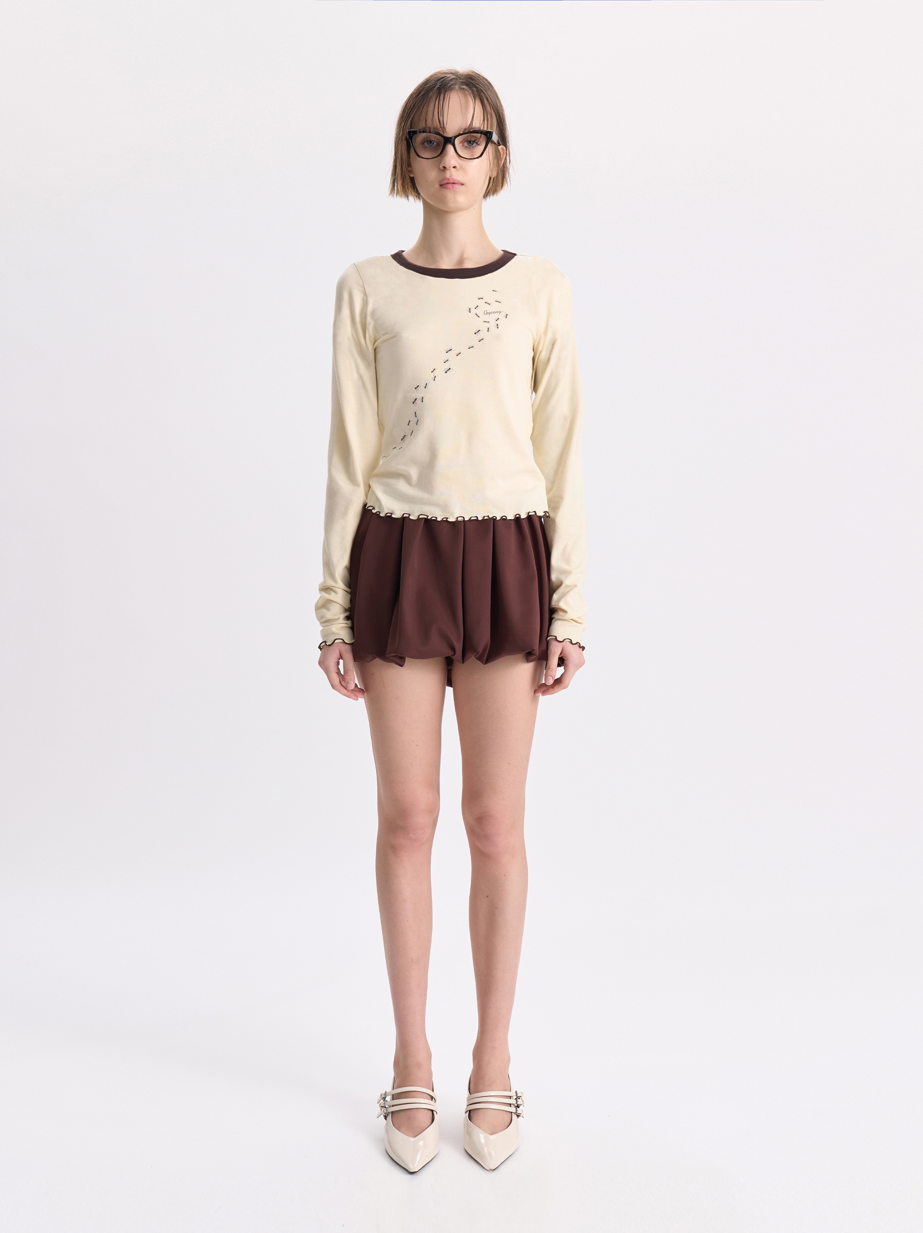 Boat Neck Ants Long Sleeve Top_Pale Yellow &amp; Brown